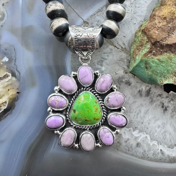 Native American Sterling Green Turquoise w/Phosphosiderite Cluster Pendant - Picture 1 of 10